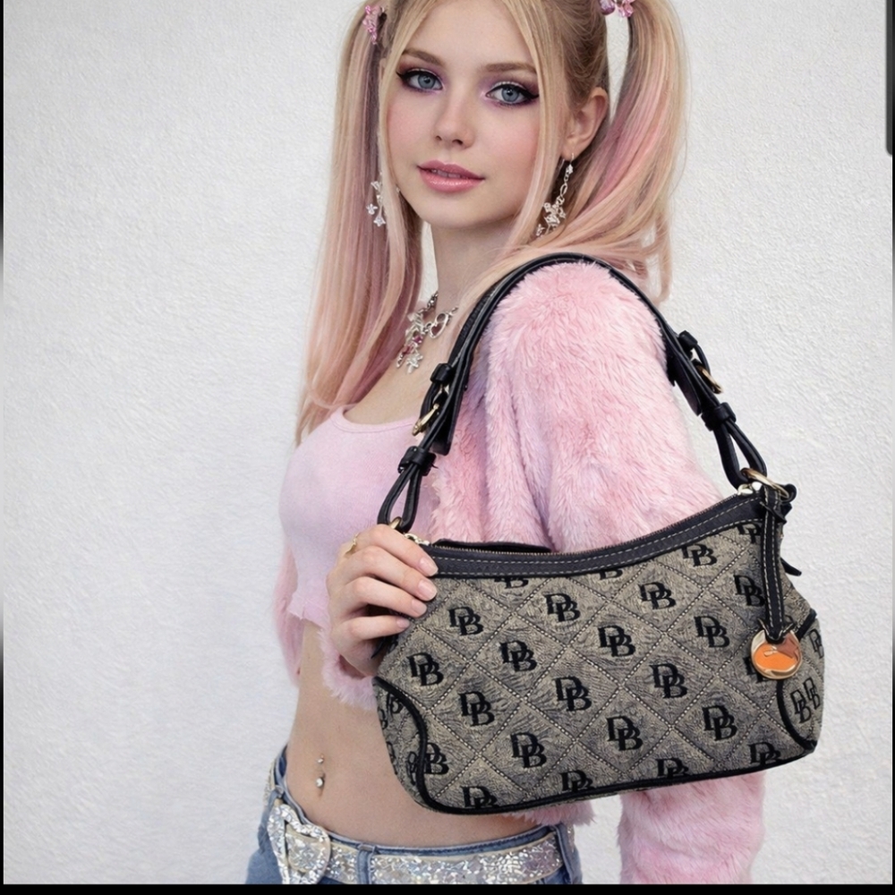 Dooney & Bourke  leather canvas short handle logo DB print black grey denim Y2k